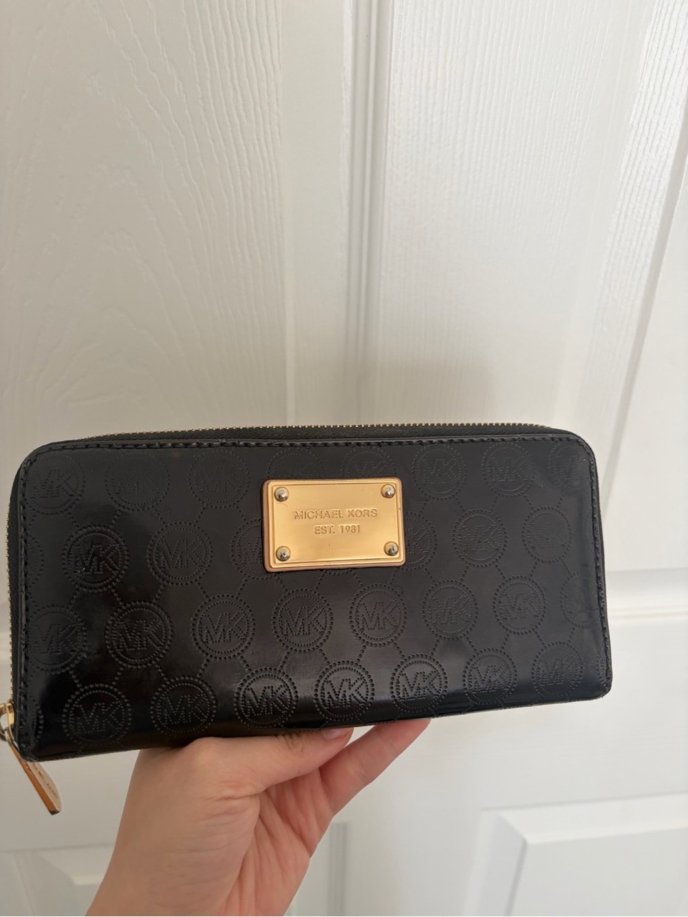 Michael Kors Black Patent Zip Wallet with Gold Plate